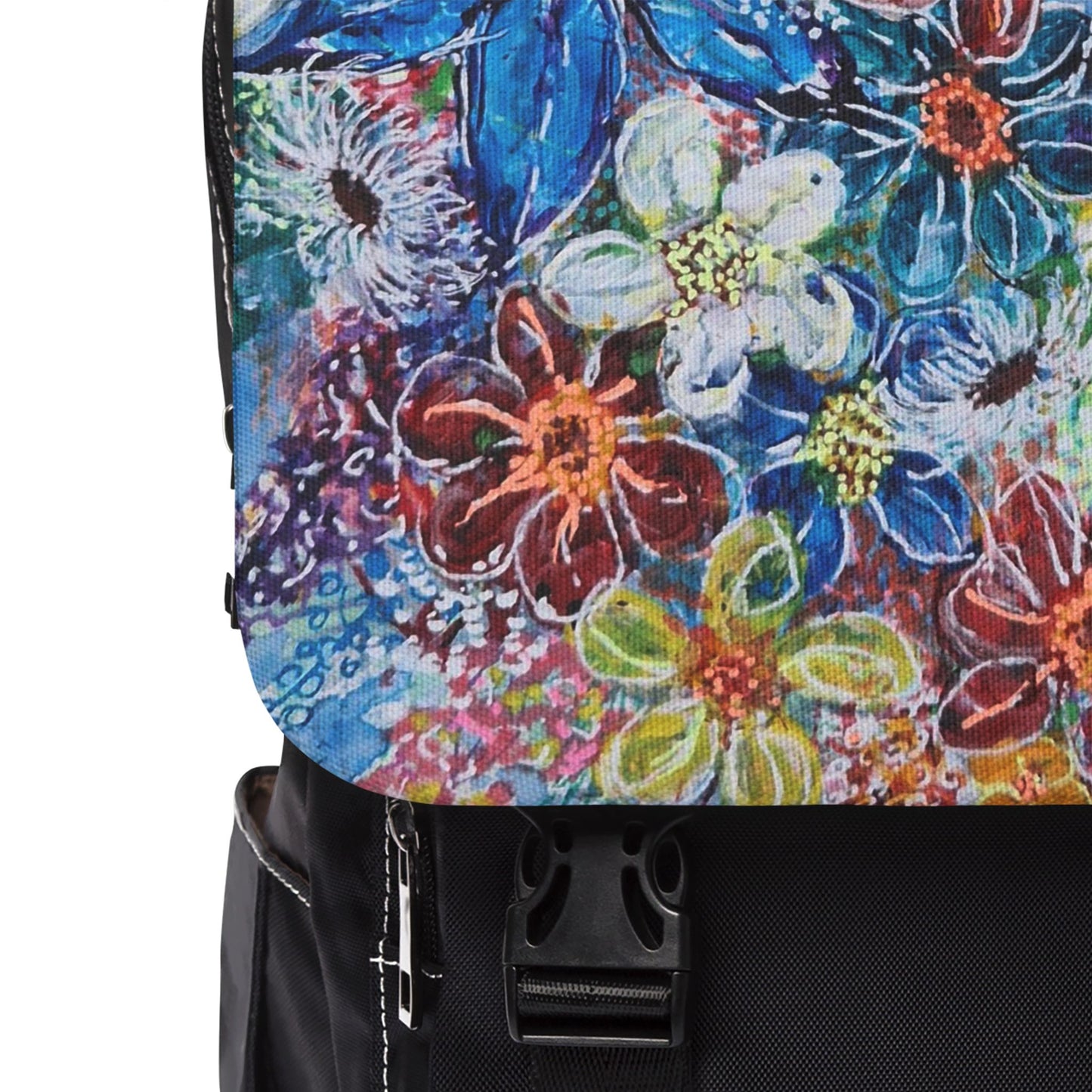 Casual Shoulder Backpack, No. 242 Large Blue Flowers - By Irish Artist Fiona de Lacy