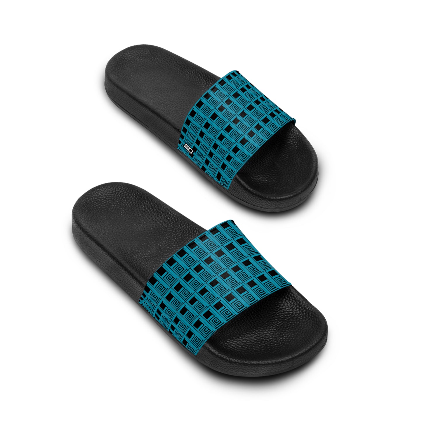Women's Slide Sandals - No. 000 - Artists Logo - Turquoise on Black - By Irish Artist Fiona de Lacy