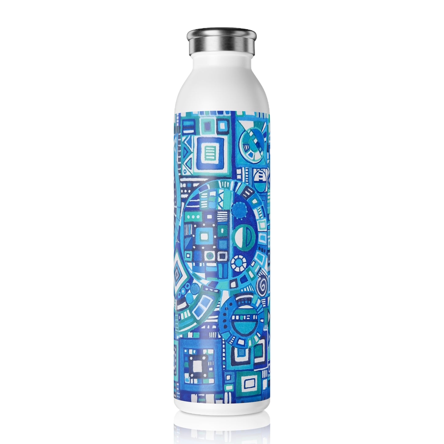 Slim Water Bottle - No. 262 - Blue, White Navy Geometric - By Irish Artist Fiona de Lacy