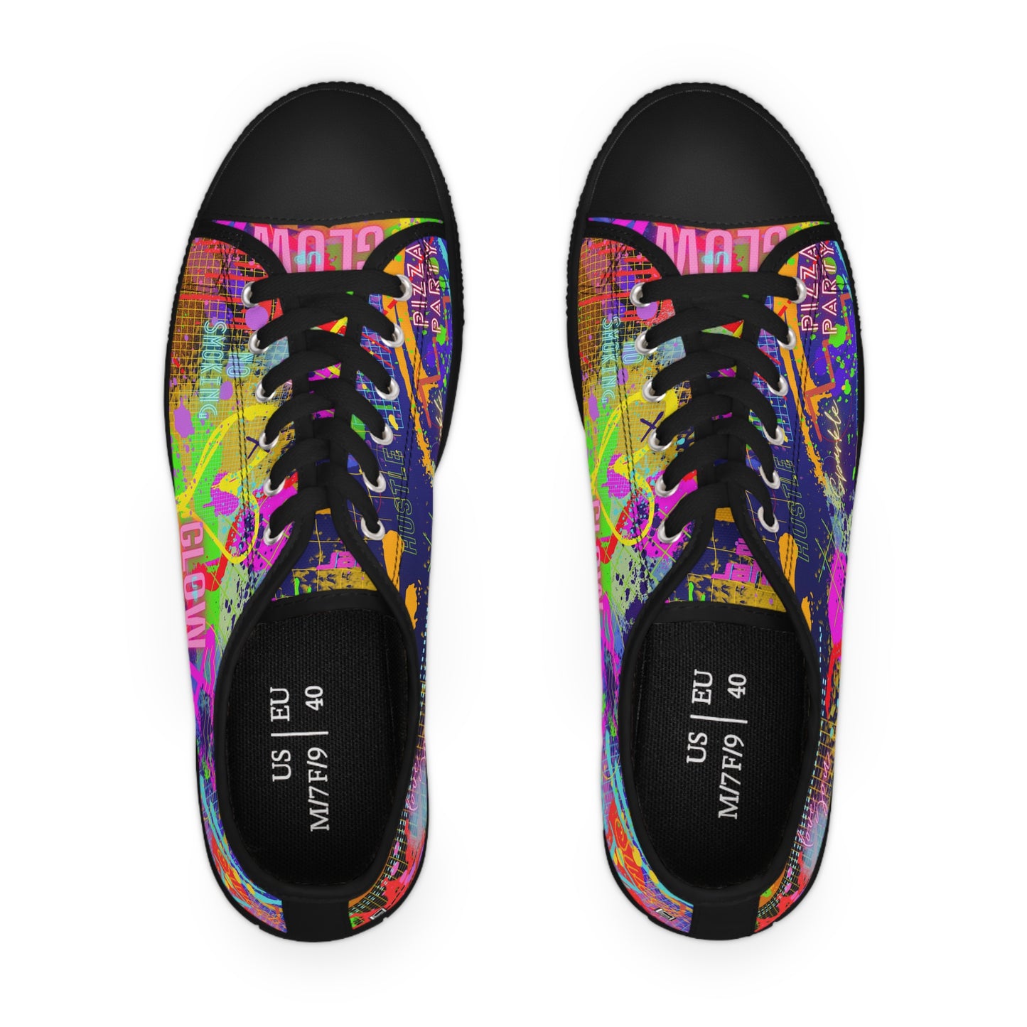 Women's Low Top Sneakers, Black Soles No. 232 - Graffiti 'Glow' - By Irish Artist Fiona de Lacy