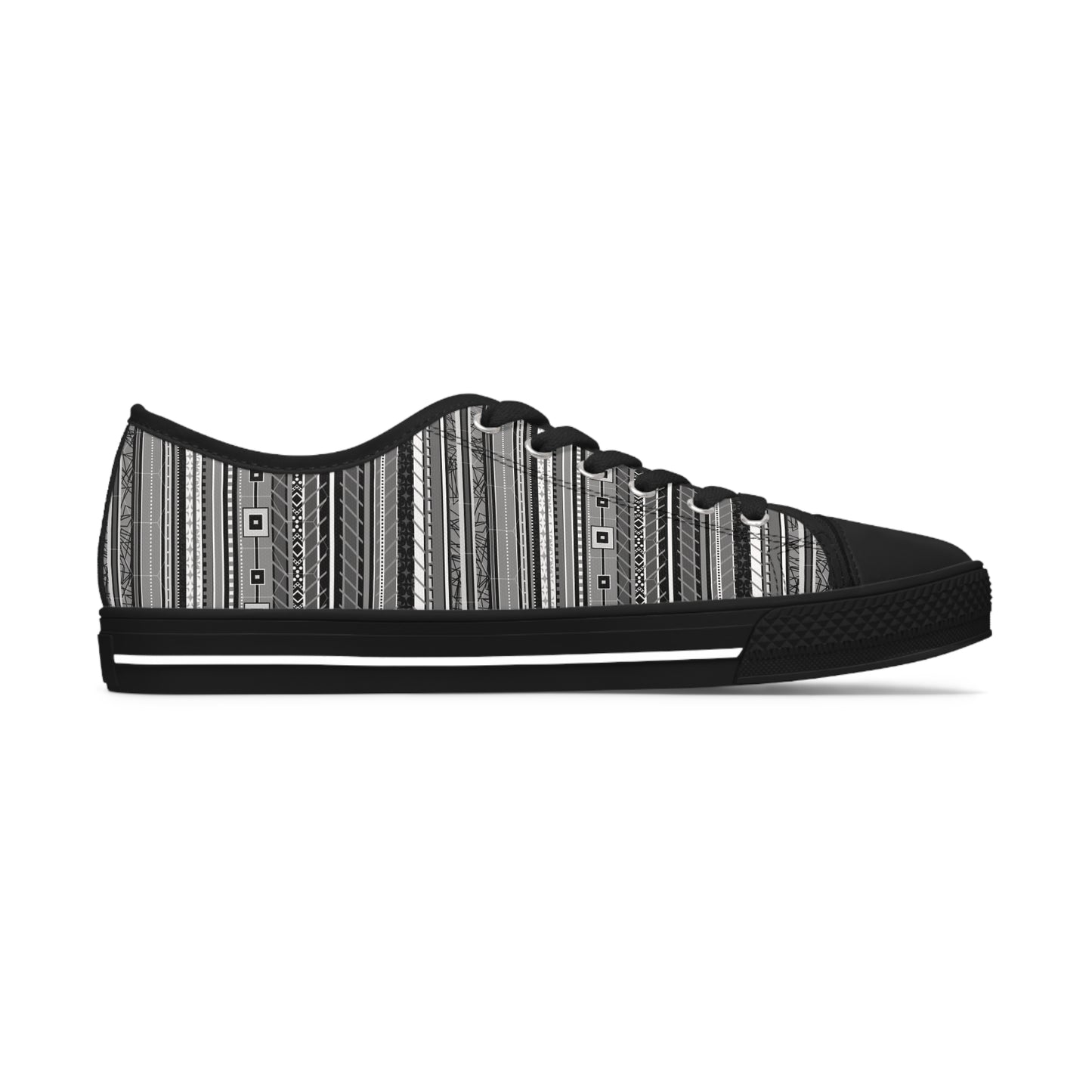 Women's Low Top Sneakers, Black sole - No. 298 - Black, White & Grey Stripes - By Irish Artist Fiona de Lacy