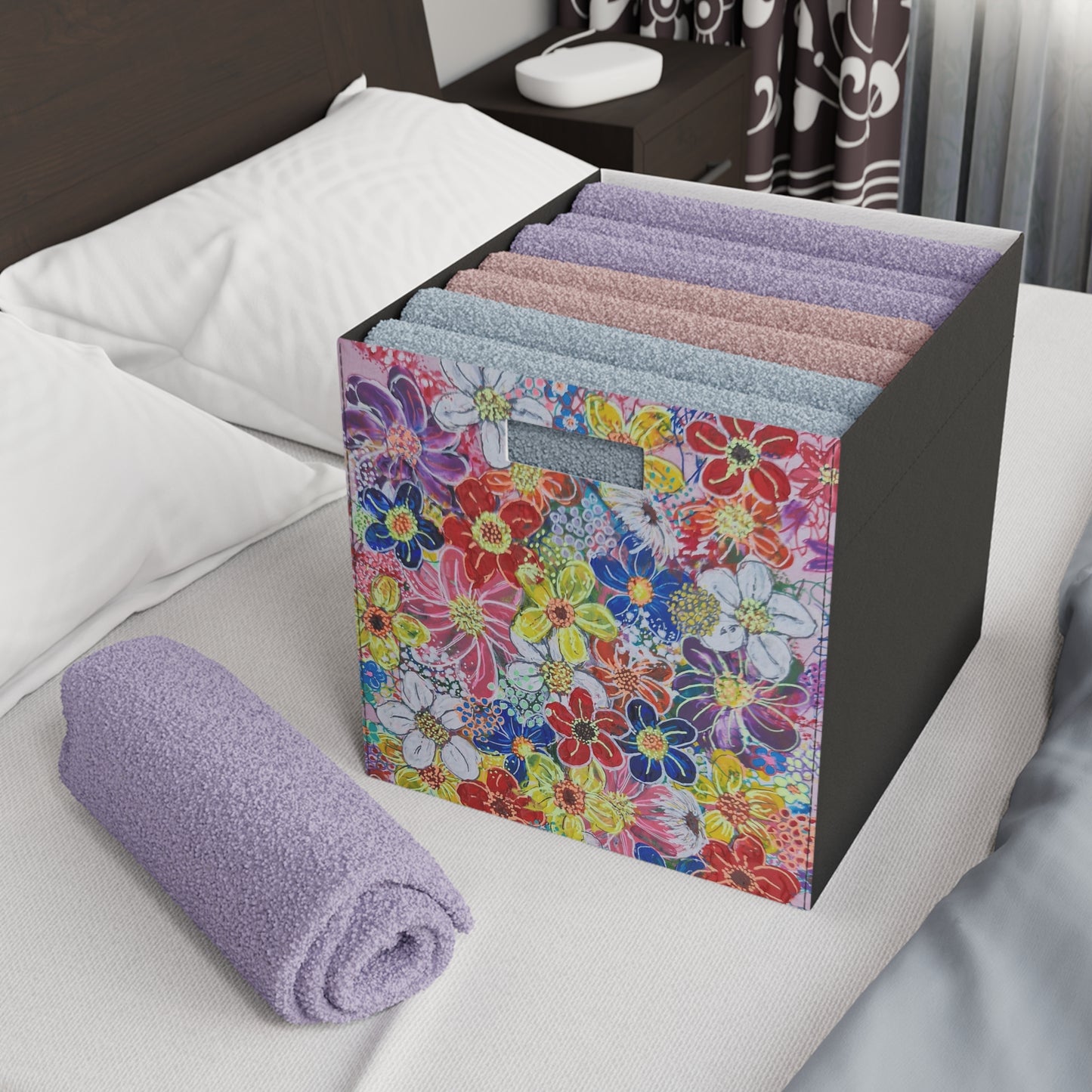 Felt Storage Box - No. 241 Flowers on Pink - By Irish Artist Fiona de Lacy - Yellow, Red, Orange, Purple, Blue, White