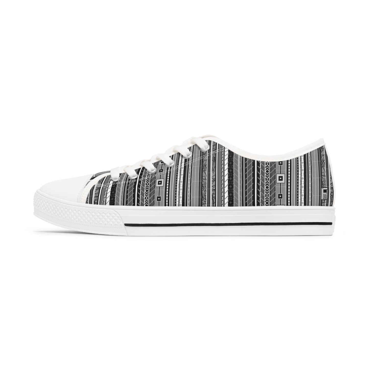 Women's Low Top Sneakers, Black sole - No. 298 - Black, White & Grey Stripes - By Irish Artist Fiona de Lacy