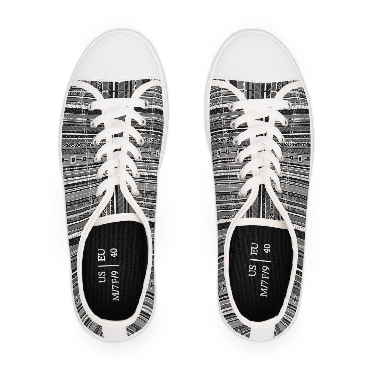 Women's Low Top Sneakers, Black sole - No. 298 - Black, White & Grey Stripes - By Irish Artist Fiona de Lacy
