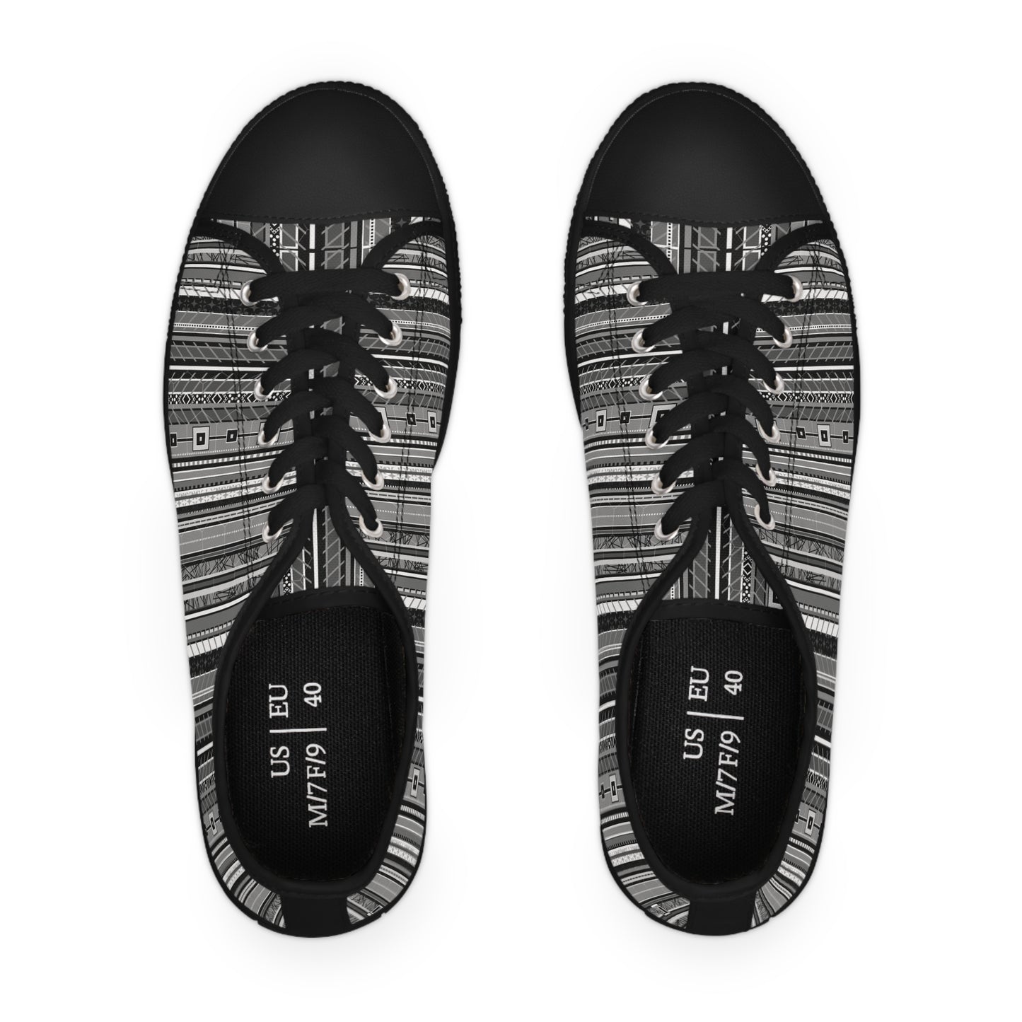 Women's Low Top Sneakers, Black sole - No. 298 - Black, White & Grey Stripes - By Irish Artist Fiona de Lacy