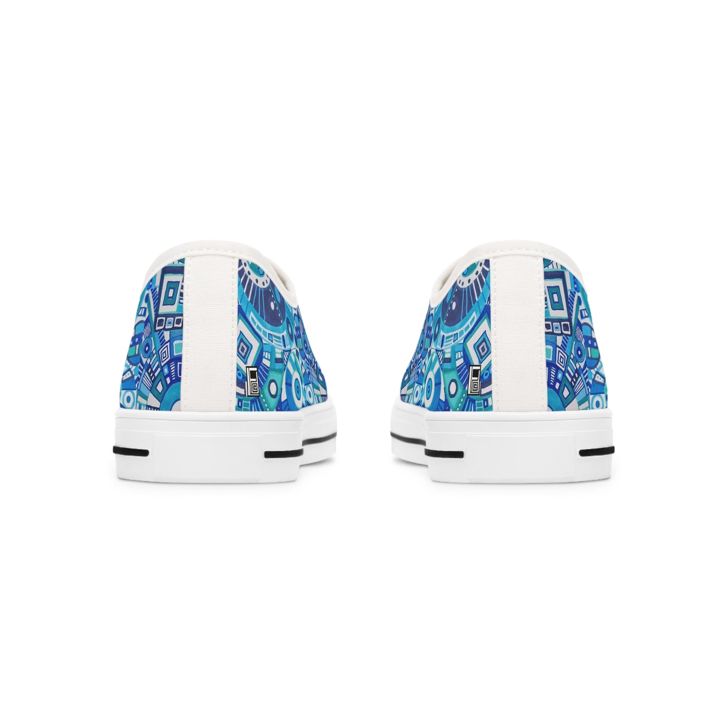 Women's Low Top Sneakers, Black Soles - No. 262 - Geometric Blue & White - By Irish Artist Fiona de Lacy