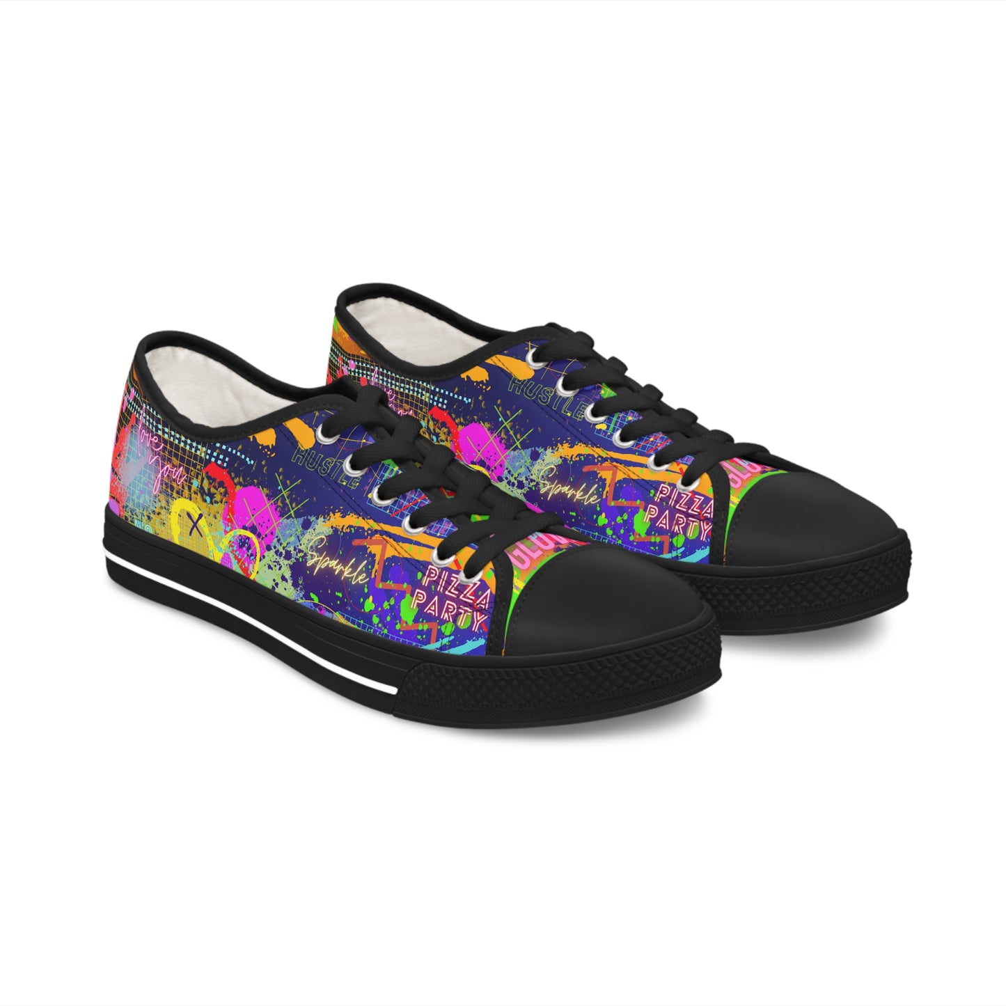 Women's Low Top Sneakers, Black Soles No. 232 - Graffiti 'Glow' - By Irish Artist Fiona de Lacy