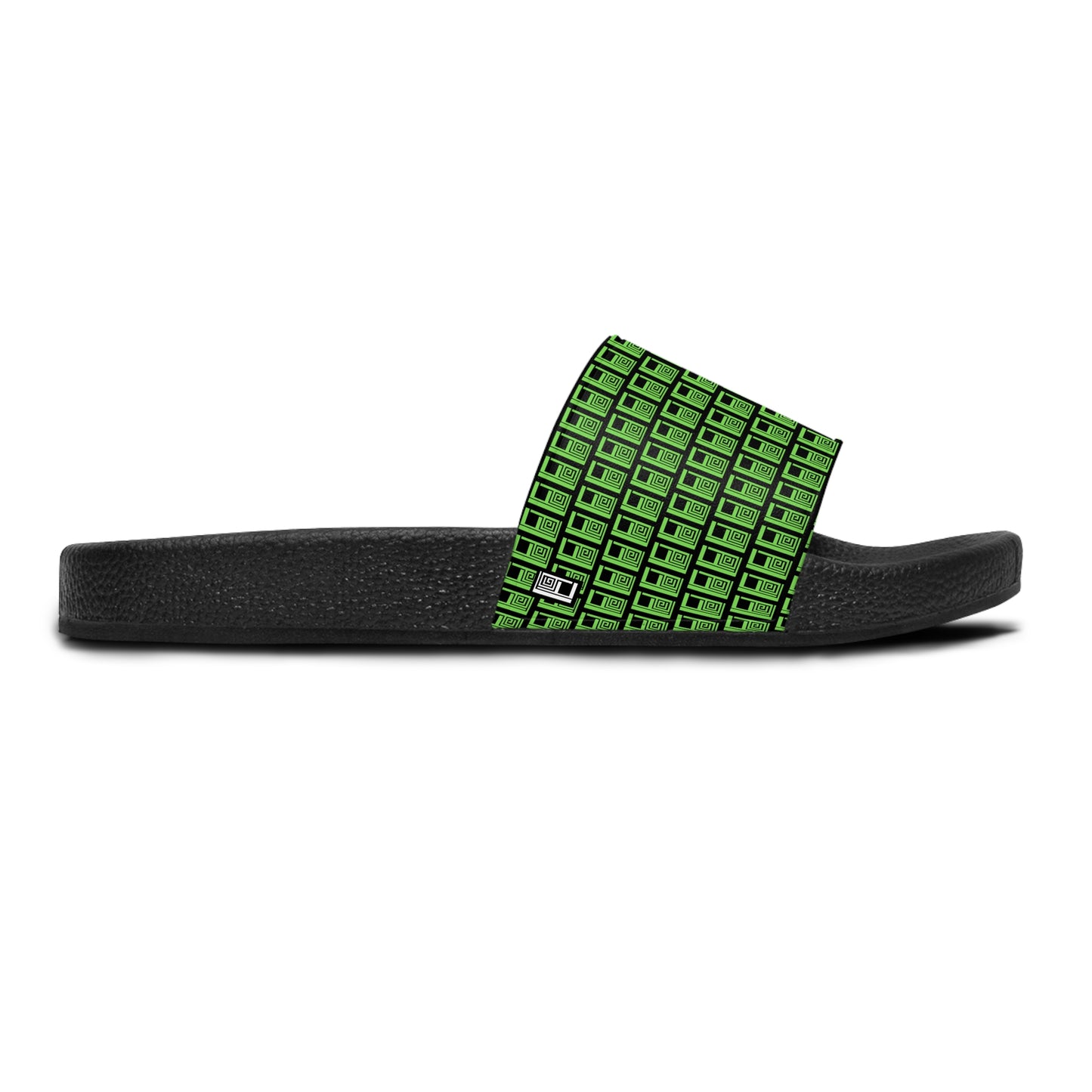 Women's Slide Sandals - No. 000 - Artists Logo - Green on Black - By Irish Artist Fiona de Lacy
