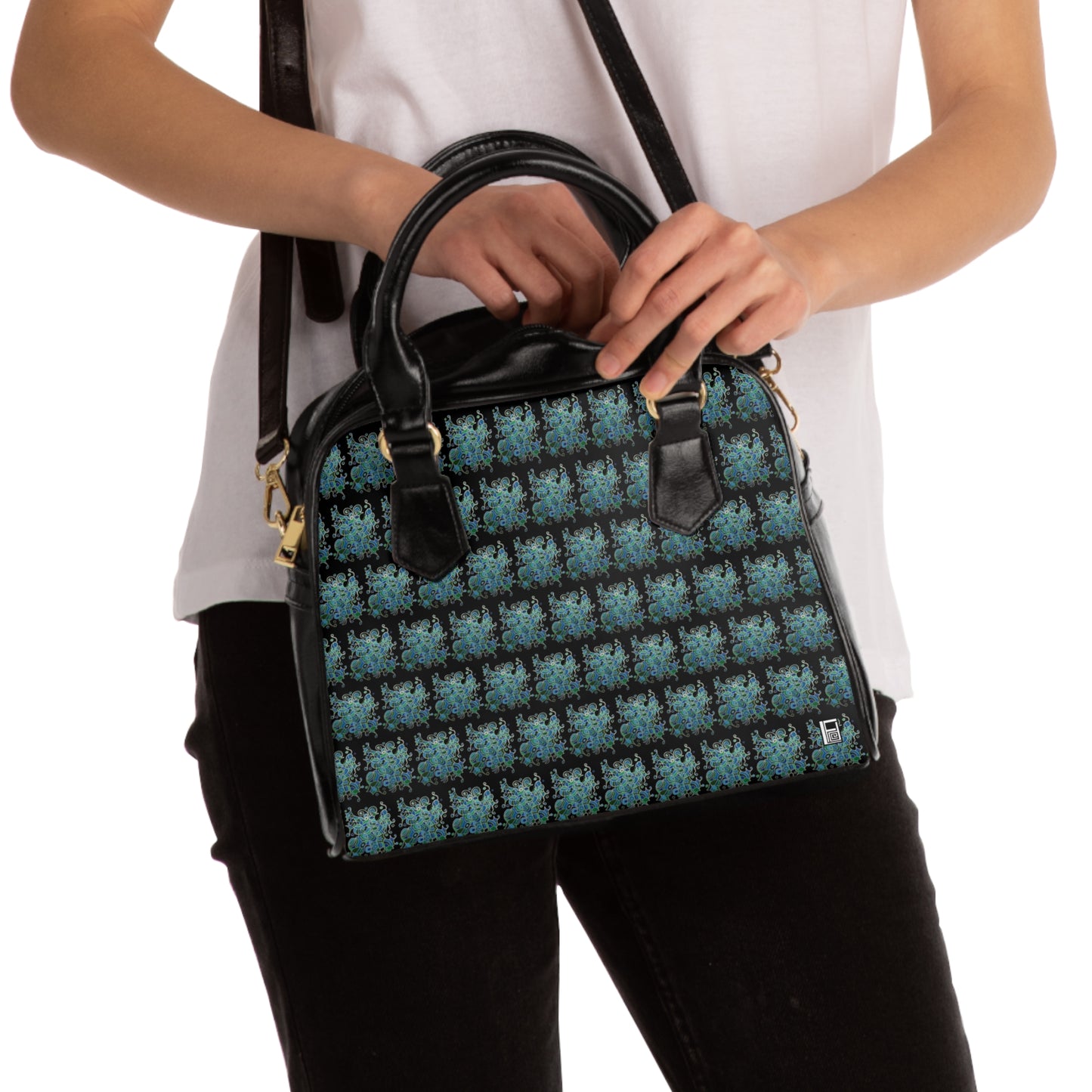 Shoulder Handbag - No. 146 - 'Bird of Paradise' pattern on Black