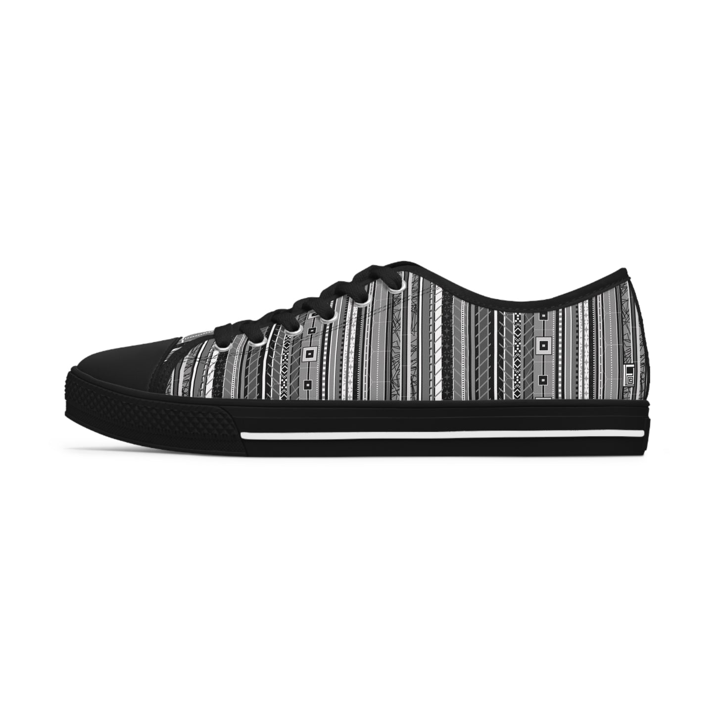 Women's Low Top Sneakers, Black sole - No. 298 - Black, White & Grey Stripes - By Irish Artist Fiona de Lacy