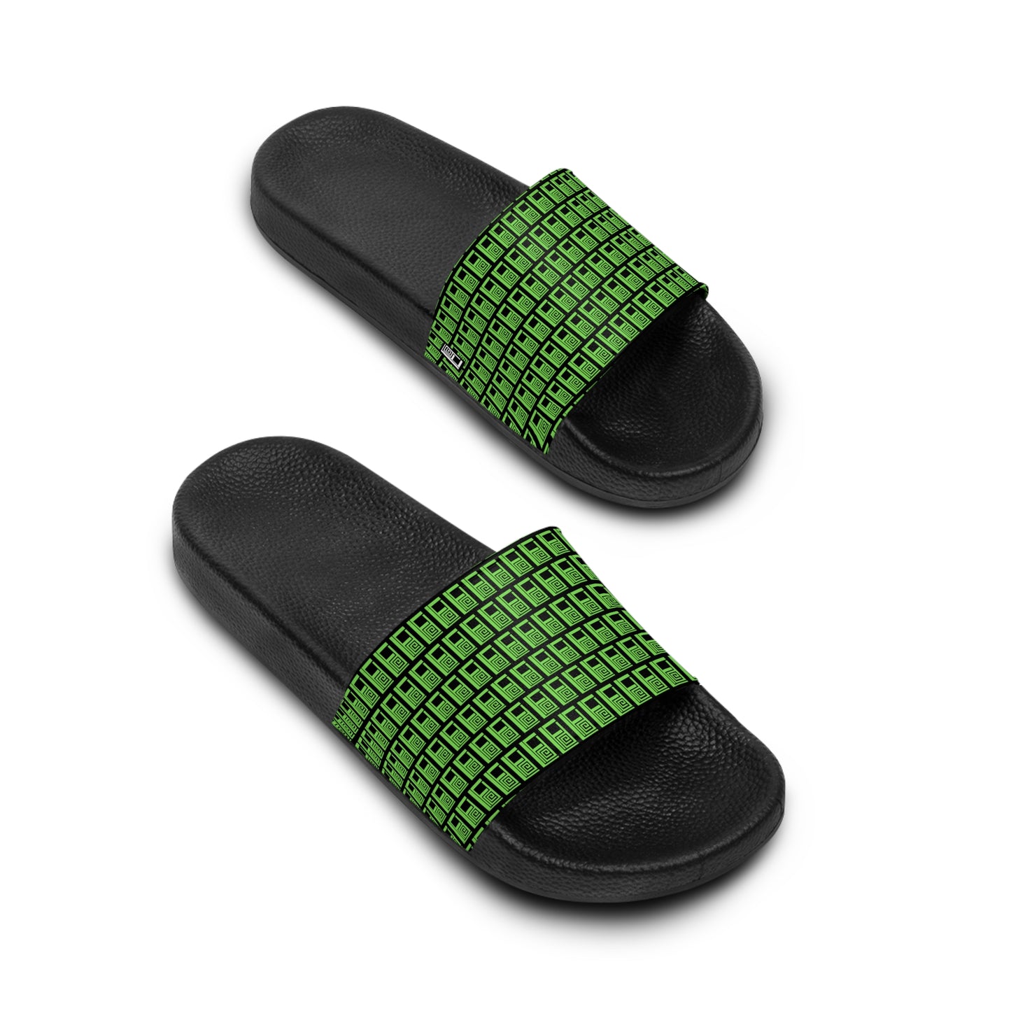Women's Slide Sandals - No. 000 - Artists Logo - Green on Black - By Irish Artist Fiona de Lacy
