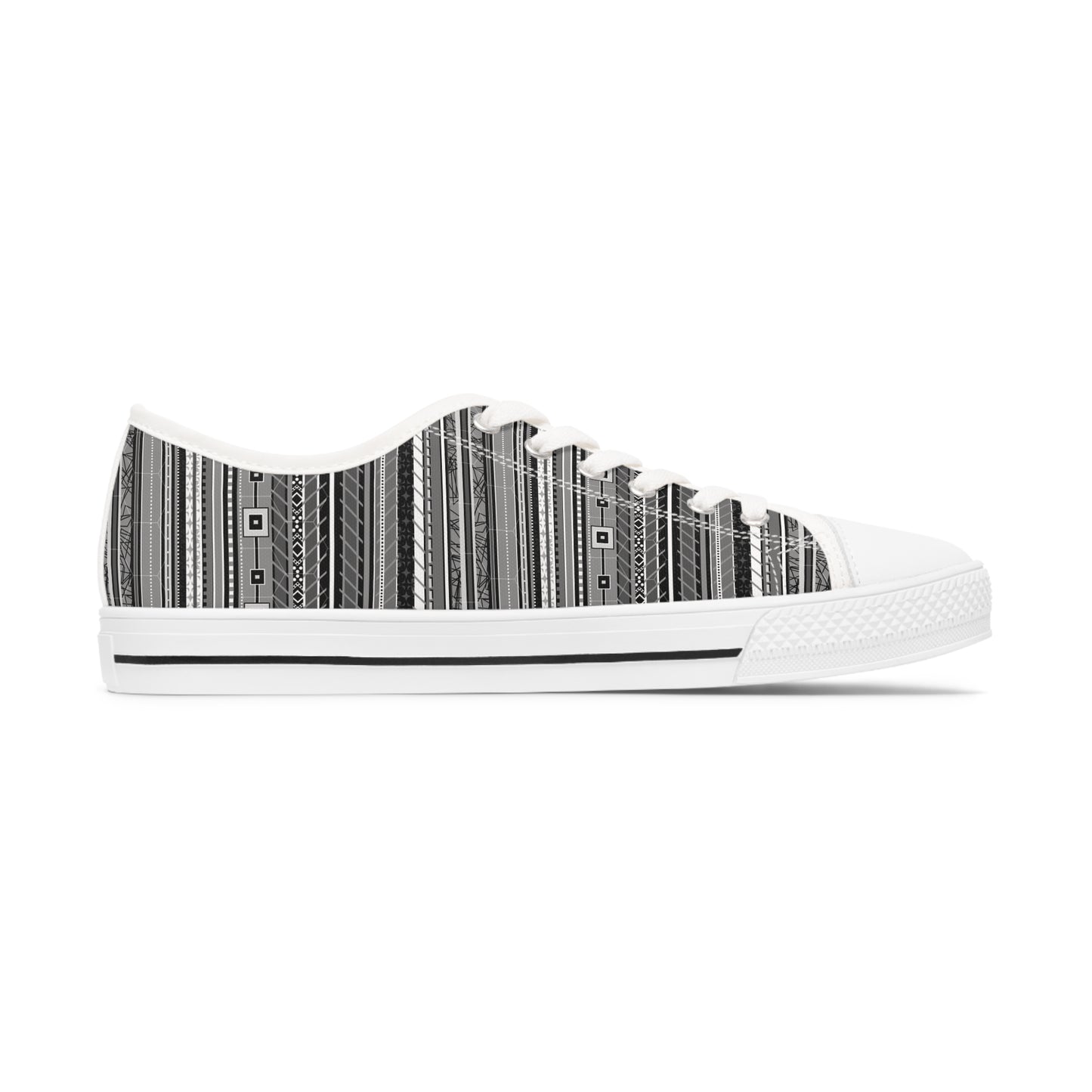 Women's Low Top Sneakers, Black sole - No. 298 - Black, White & Grey Stripes - By Irish Artist Fiona de Lacy