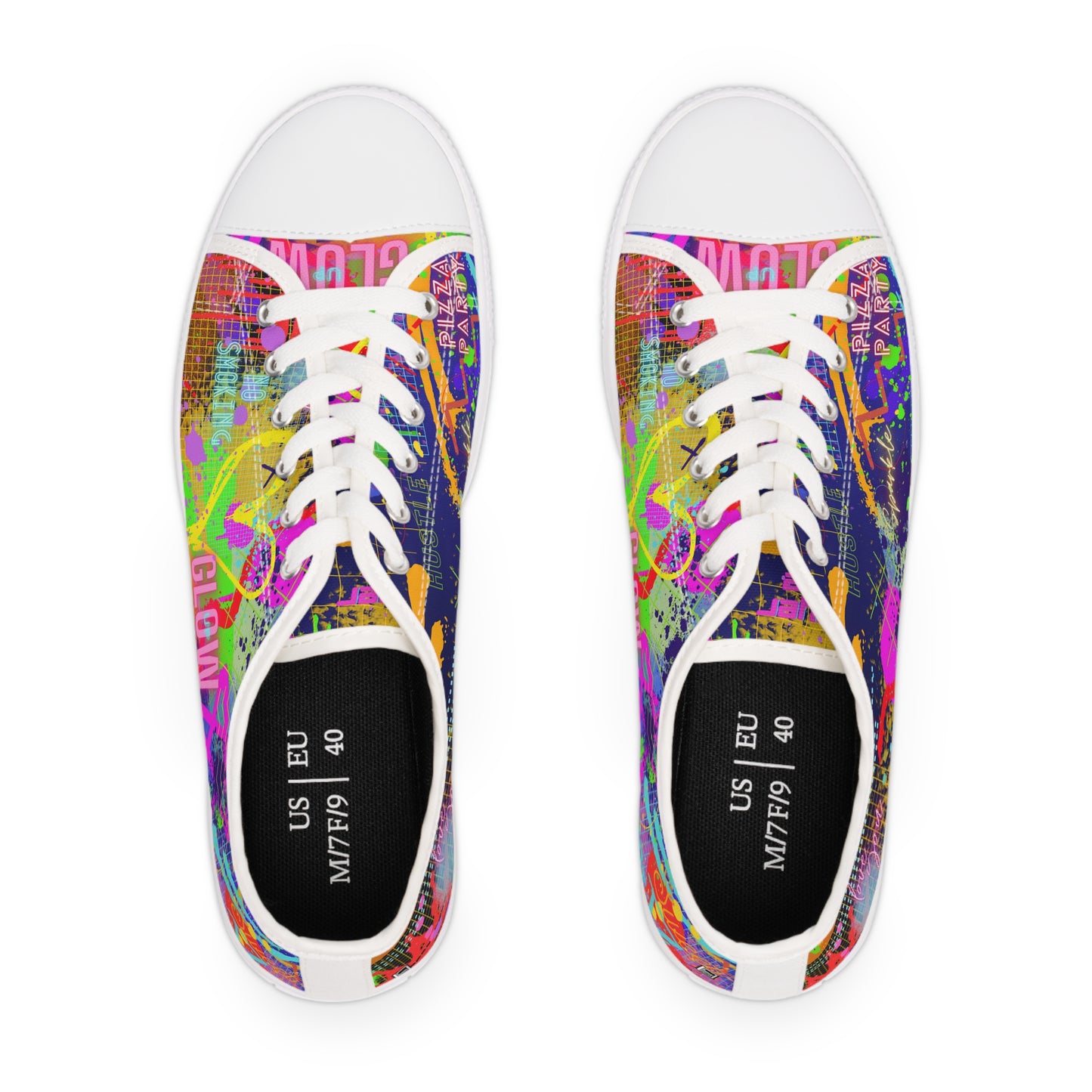 Women's Low Top Sneakers, Black Soles No. 232 - Graffiti 'Glow' - By Irish Artist Fiona de Lacy