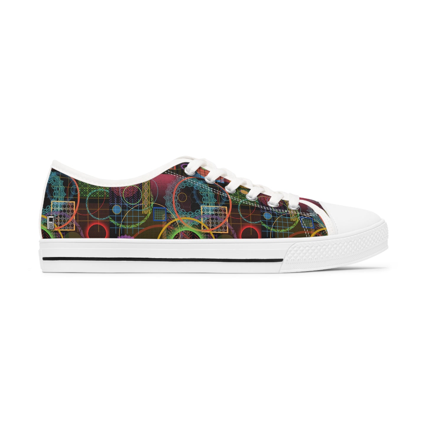 Women's Low Top Sneakers Black Soles, No. 299 A Rings on Black - By Irish Artist Fiona de Lacy
