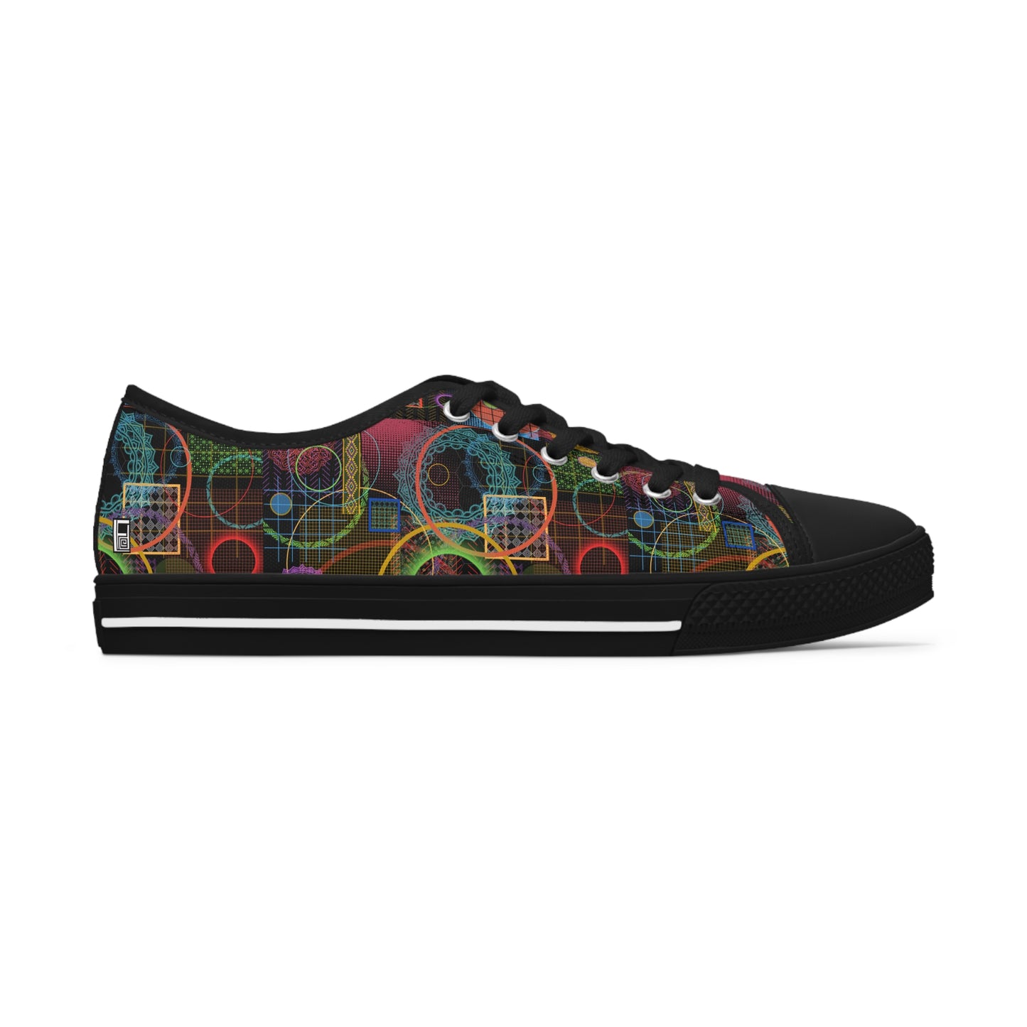 Women's Low Top Sneakers Black Soles, No. 299 A Rings on Black - By Irish Artist Fiona de Lacy