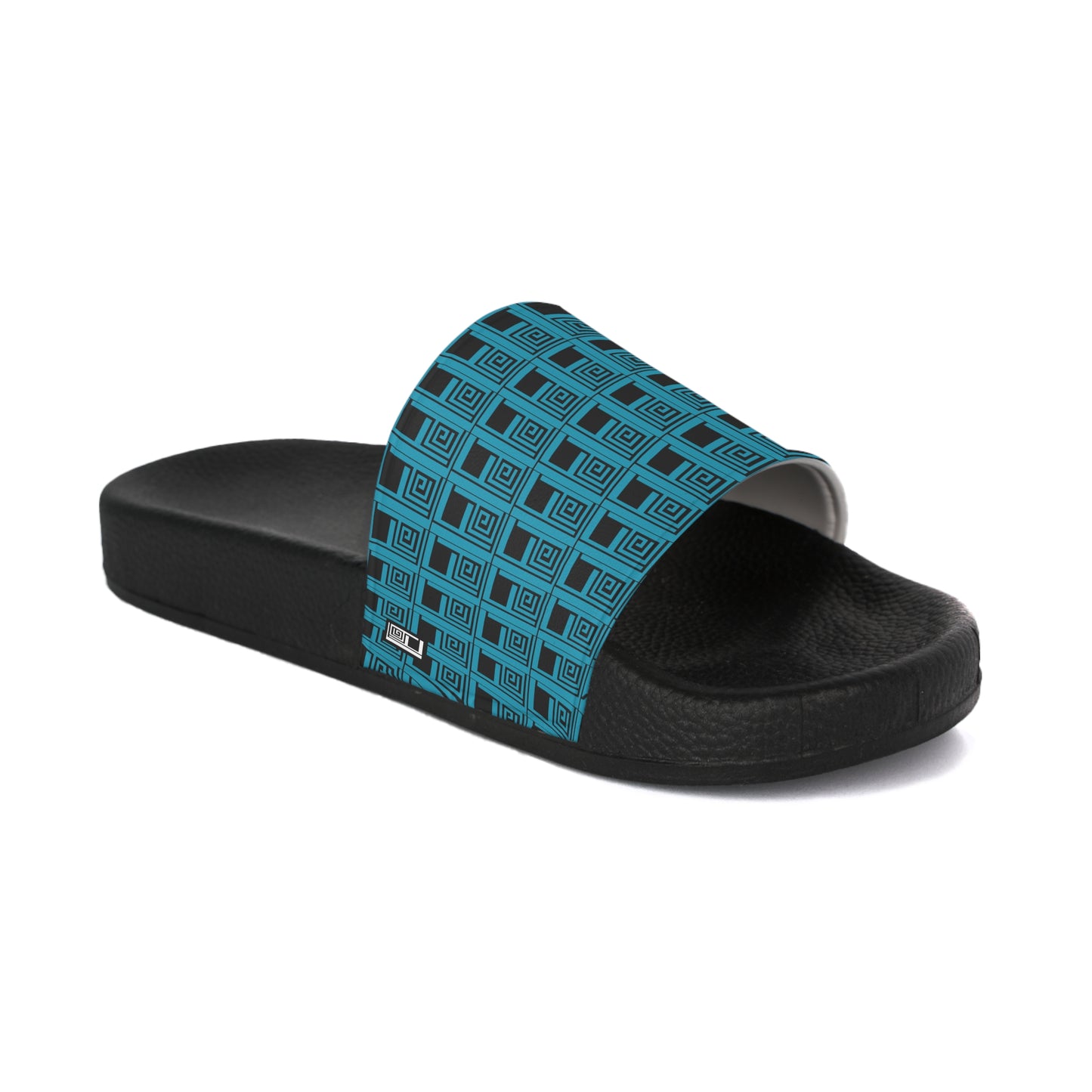 Women's Slide Sandals - No. 000 - Artists Logo - Turquoise on Black - By Irish Artist Fiona de Lacy