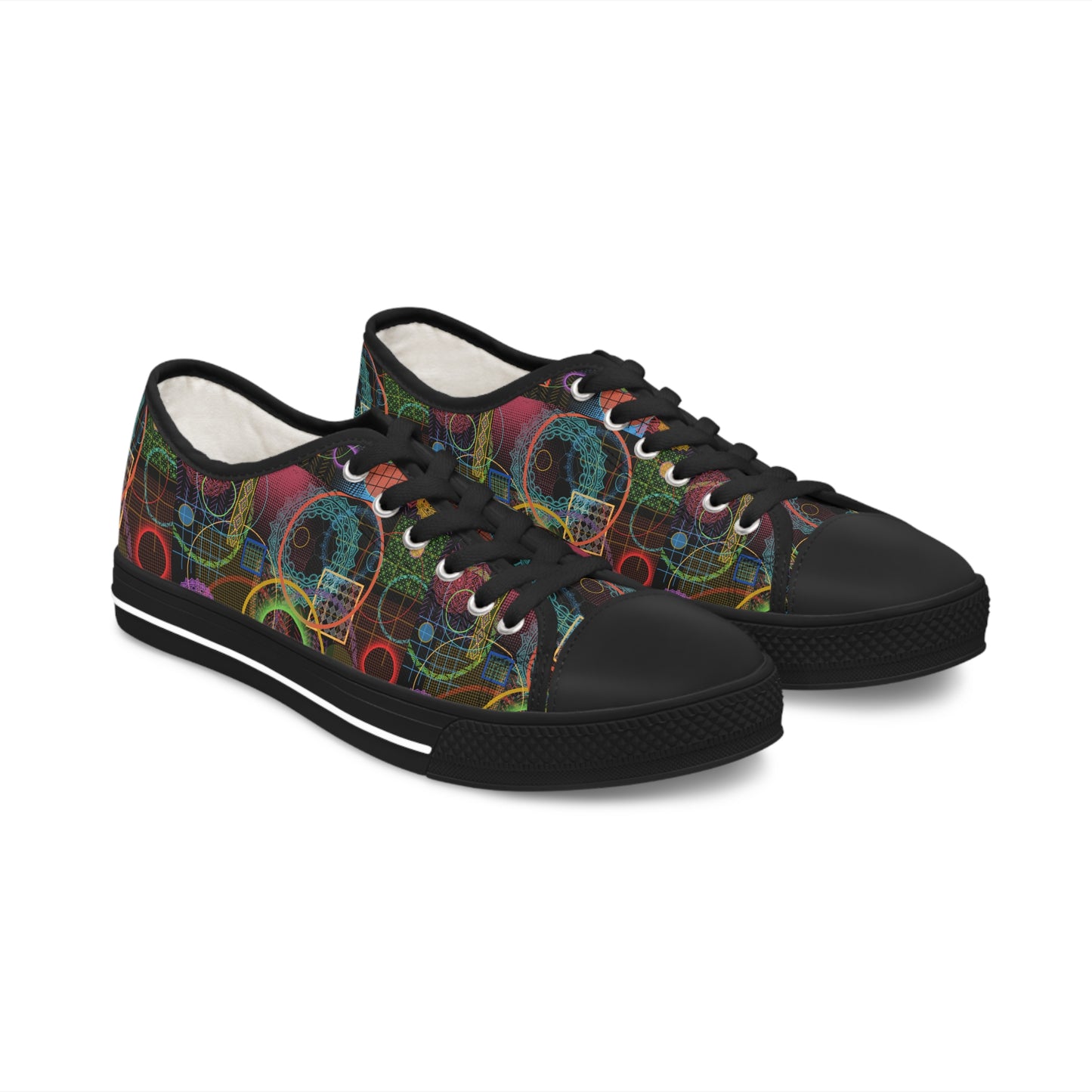 Women's Low Top Sneakers Black Soles, No. 299 A Rings on Black - By Irish Artist Fiona de Lacy