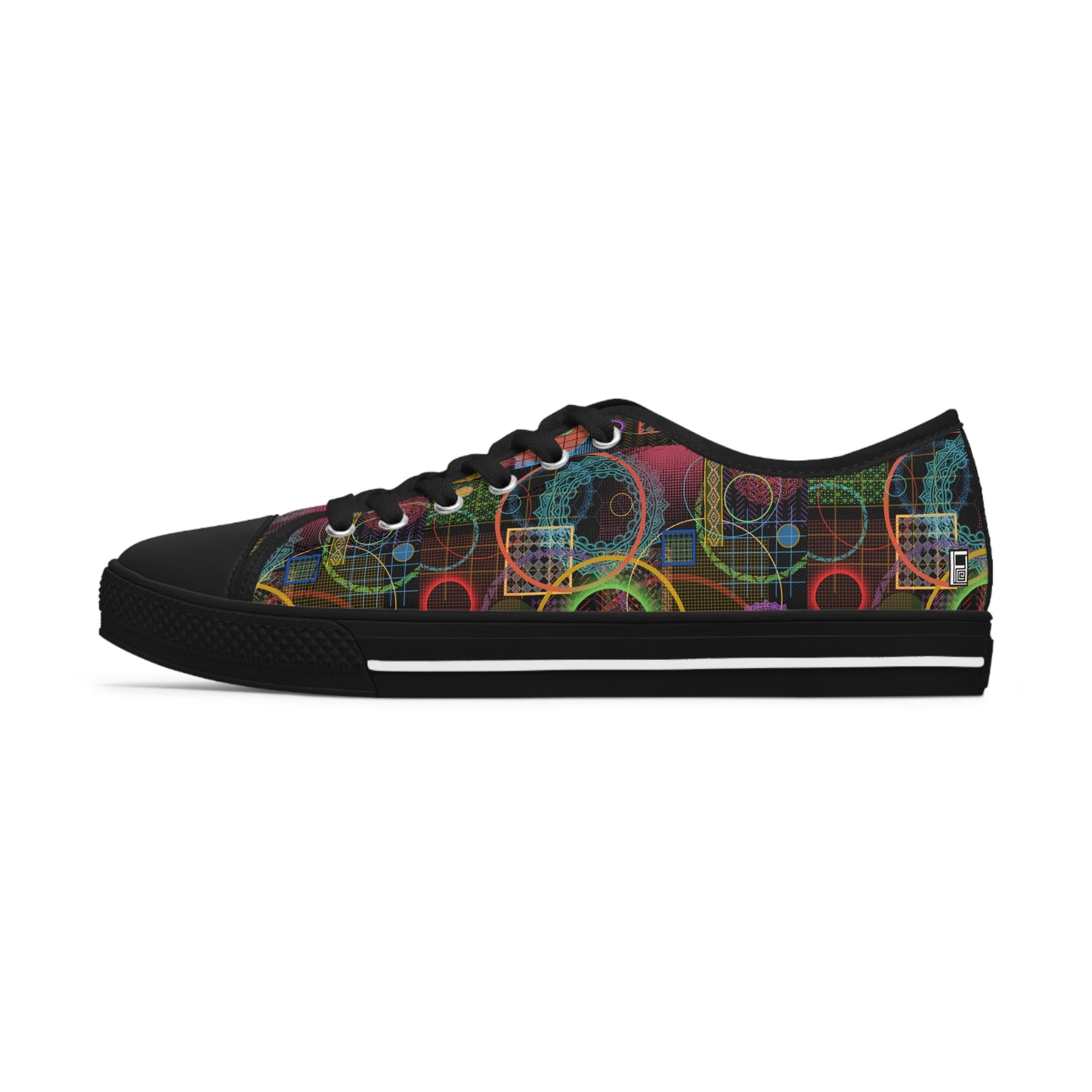 Women's Low Top Sneakers Black Soles, No. 299 A Rings on Black - By Irish Artist Fiona de Lacy