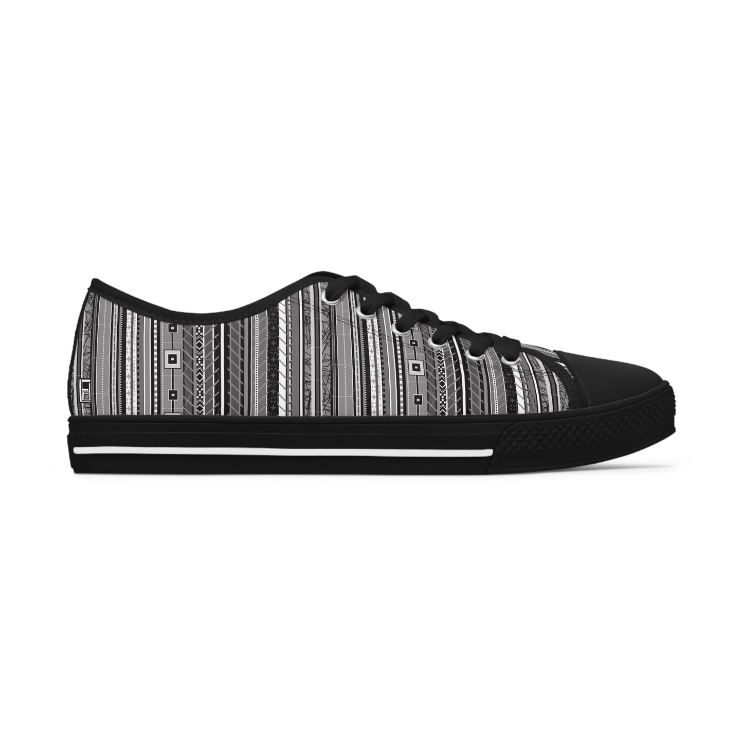 Women's Low Top Sneakers, Black sole - No. 298 - Black, White & Grey Stripes - By Irish Artist Fiona de Lacy