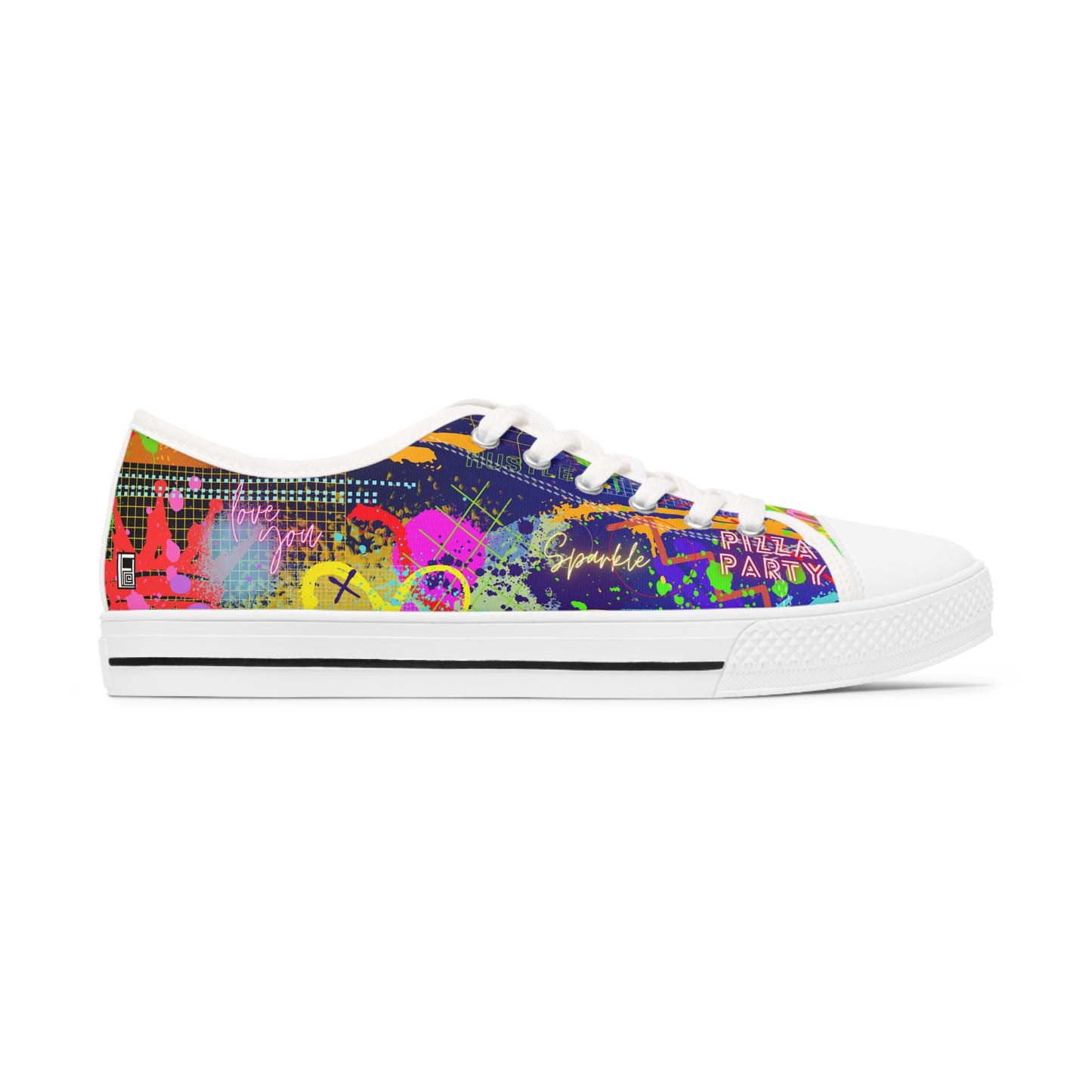 Women's Low Top Sneakers, Black Soles No. 232 - Graffiti 'Glow' - By Irish Artist Fiona de Lacy