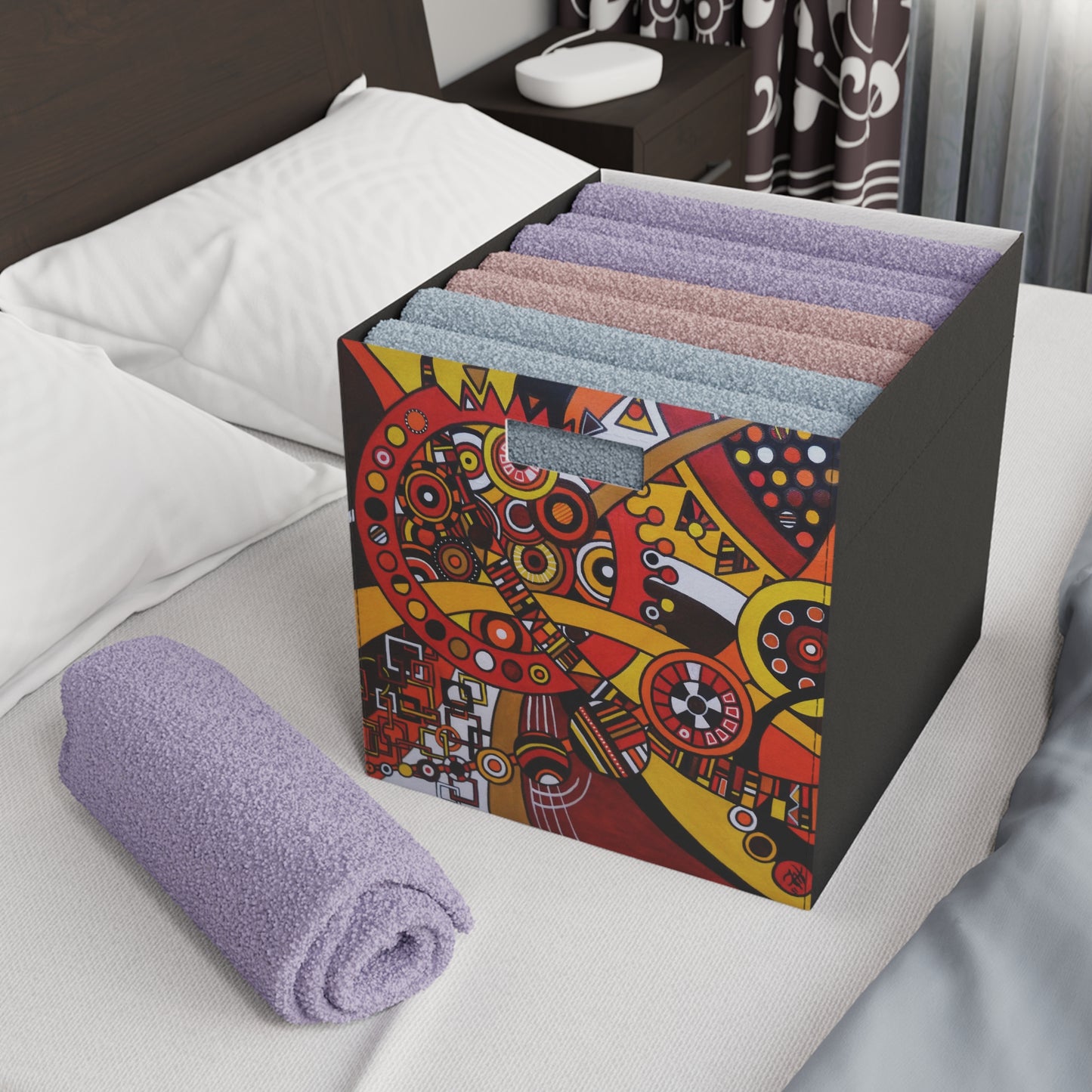 Felt Storage Box - No. 222 'Clockworks' - By Irish Artist Fiona de Lacy - Orange, Brown, Black, White, Red