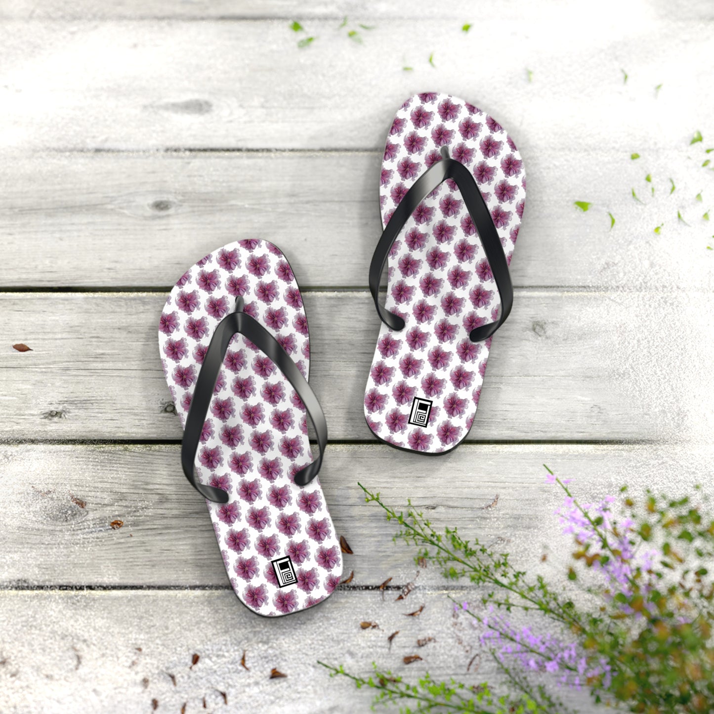 Flip Flops - No. 269 - Purple Pink Flower on White - By Irish Artist Fiona de Lacy