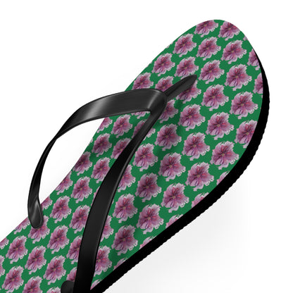 Flip Flops - No. 269 - Purple Pink Flower on Green - By Irish Artist Fiona de Lacy