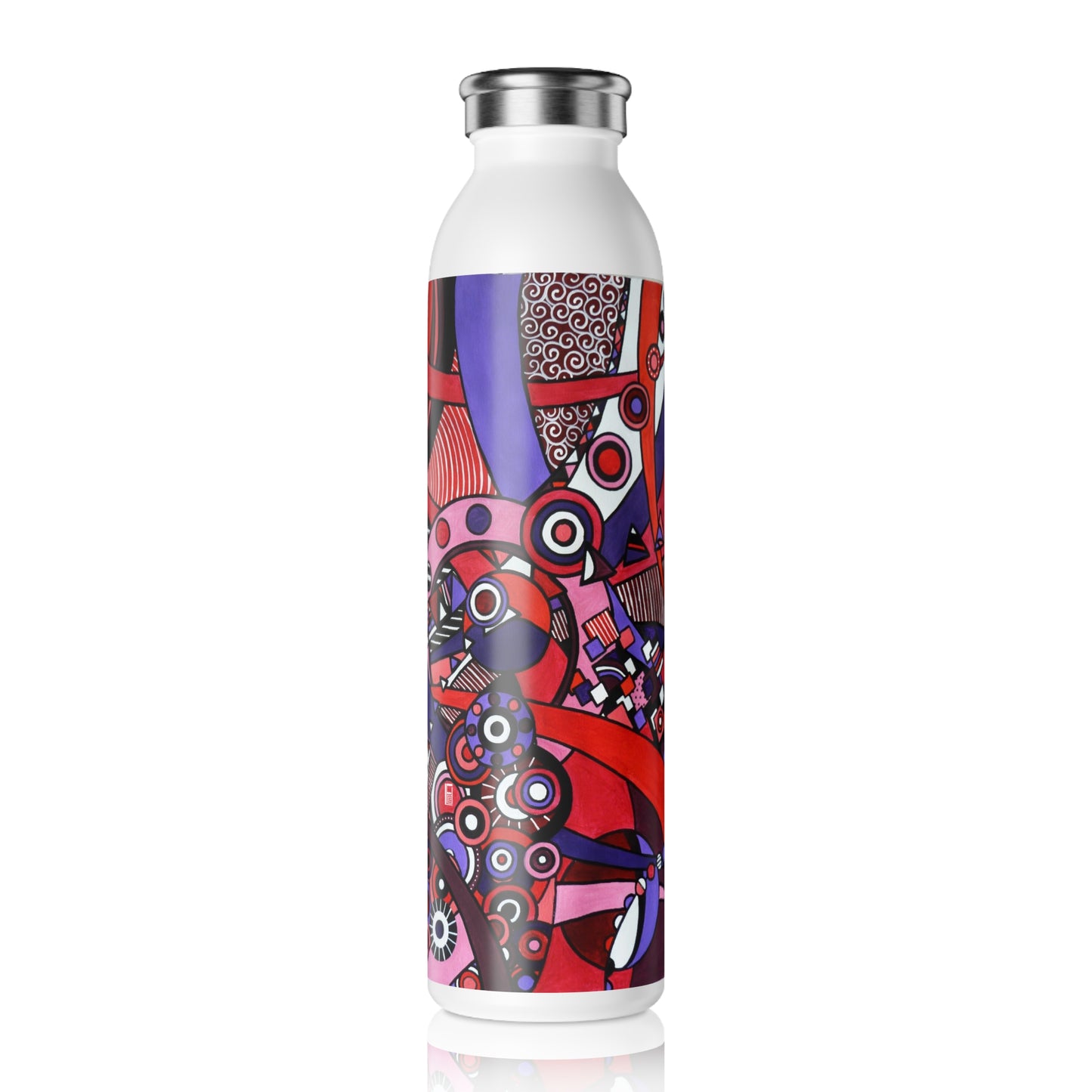 Slim Water Bottle - No. 220 'Connections' - By Irish Artist Fiona de Lacy - Pink, Red, Black, White, Purple