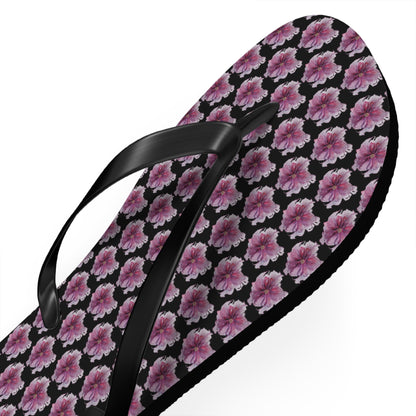 Flip Flops - No. 269 - Purple Pink Flower on Black - By Irish Artist Fiona de Lacy