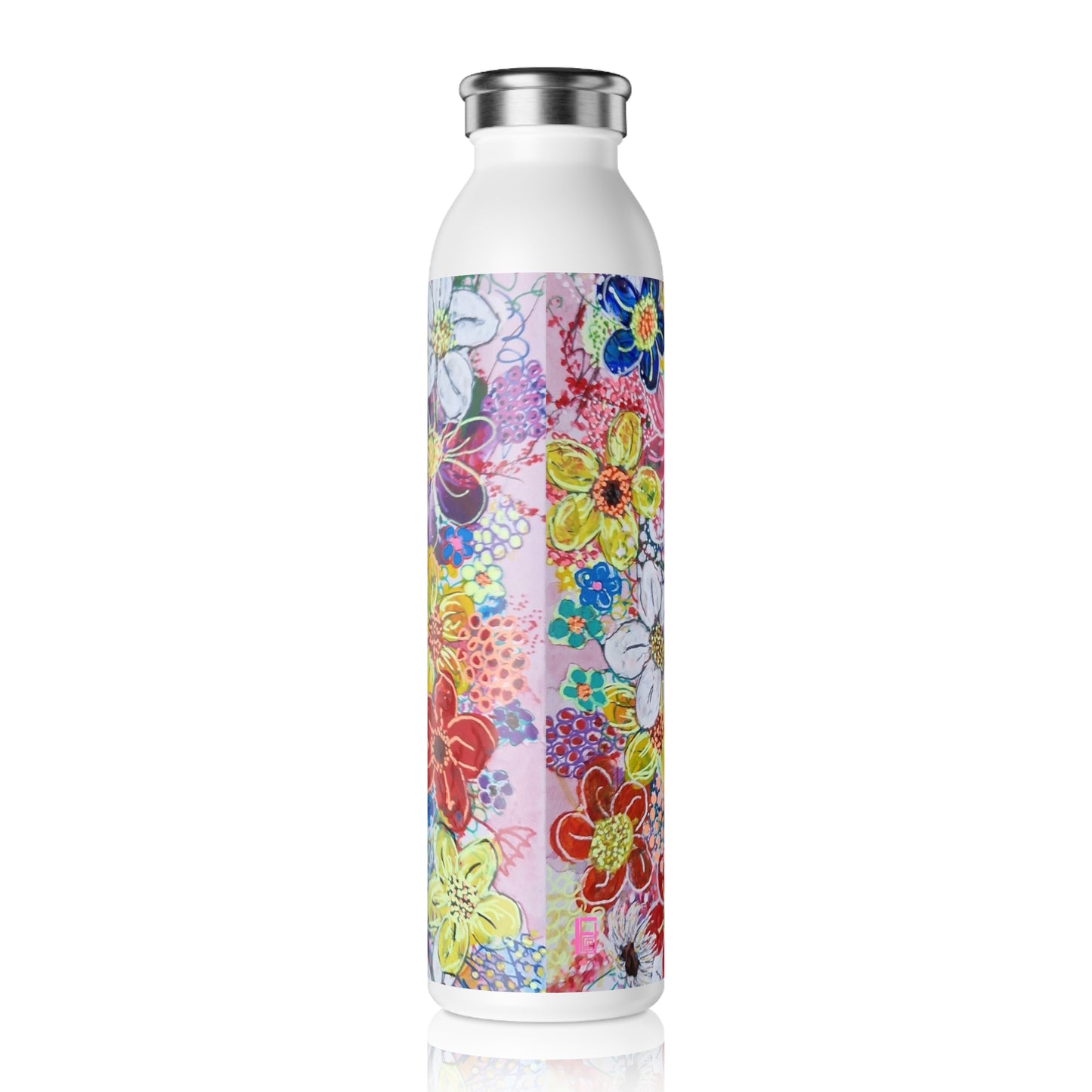 Slim Water Bottle - No. 241 Multicoloured flowers on Pink - By Irish Artist Fiona de Lacy