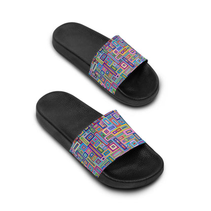 Women's Slide Sandals - No. 264 - Multicoloured Rectangles - By Irish Artist Fiona de Lacy