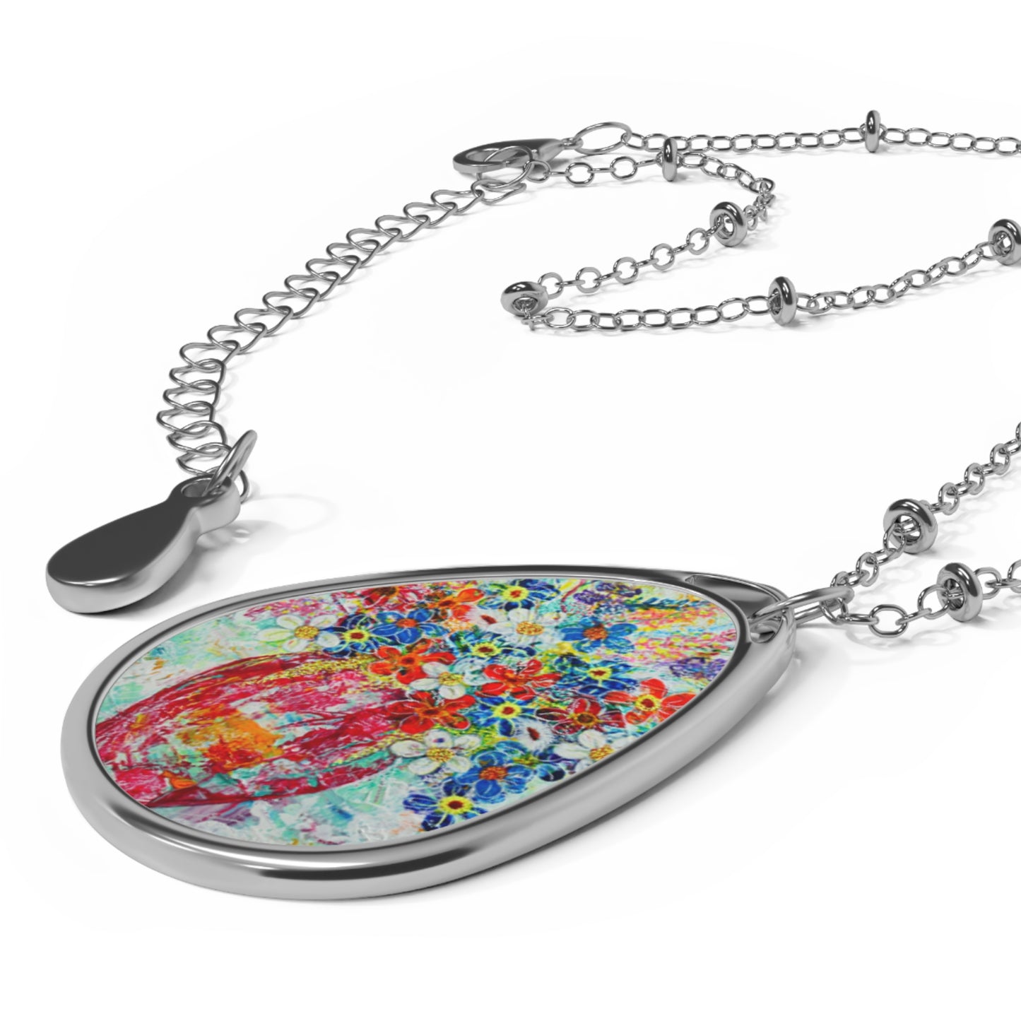 Oval Necklace - No. 245 - Flowers, Tall red vase - By Irish Artists Fiona de Lacy