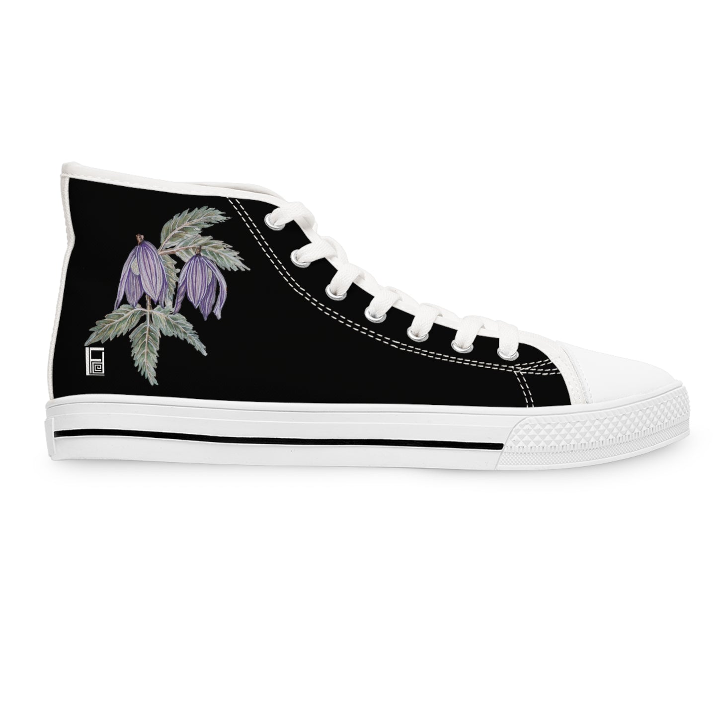 Women's High Top Sneakers - No. 270 - Purple Drop Flower on Black - By Irish Artist Fiona de Lacy