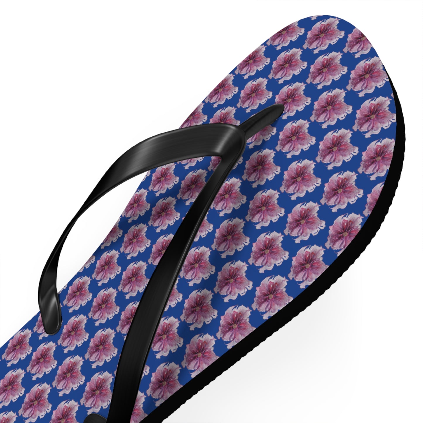 Flip Flops - No. 269 - Purple Pink Flower on Blue - By Irish Artist Fiona de Lacy