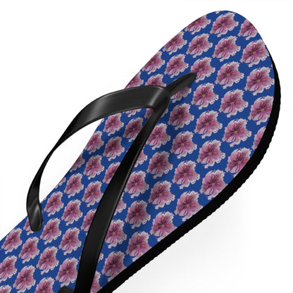 Flip Flops - No. 269 - Purple Pink Flower on Blue - By Irish Artist Fiona de Lacy