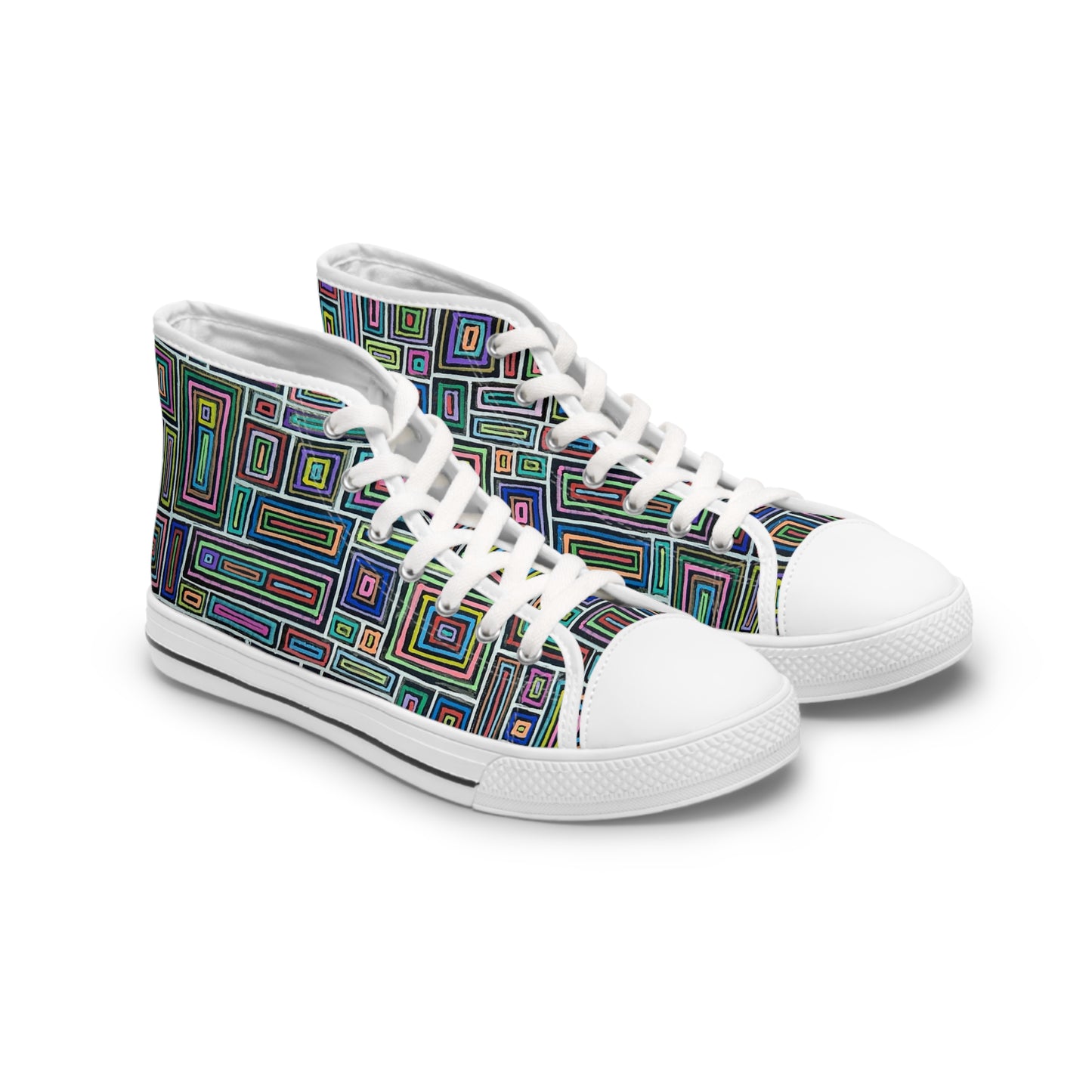 Women's High Top Sneakers - No. 253 - Multicoloured Rectangles on Black - By Irish Artist Fiona de Lacy