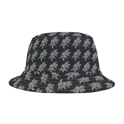 Bucket Hat  - No. 270 - Two Purple Drop Flowers on Black - By Irish Artist Fiona de Lacy