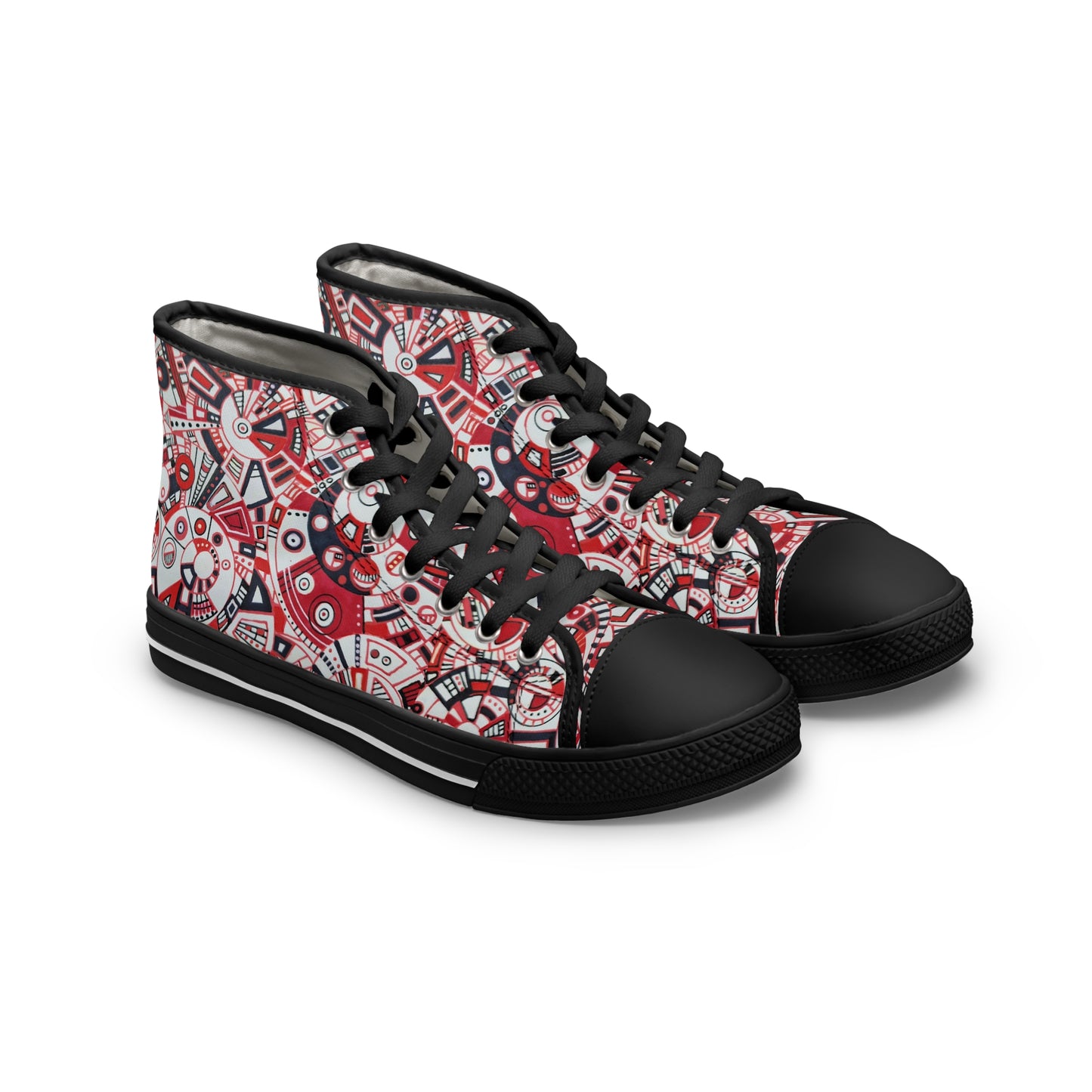 Women's High Top Sneakers - No. 276 - Geometric Abstract, Red, White & Black -  By Irish Artist Fiona de Lacy