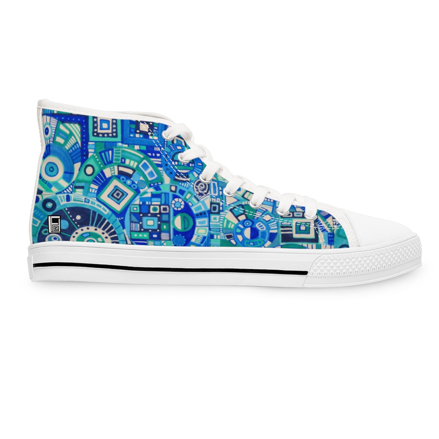 Women's High Top Sneakers - No. 262 - Blue Geometric - By Irish Artist Fiona de Lacy