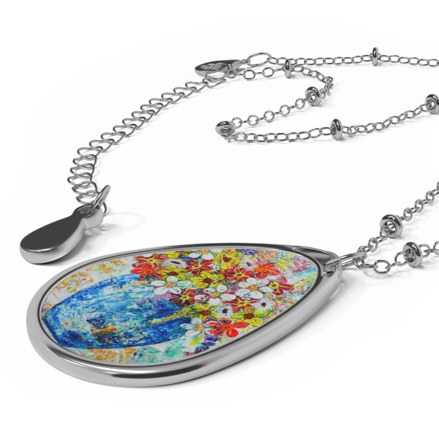 Oval Necklace - No. 247 - Flowers in Blue Vase - By Irish Artists Fiona de Lacy