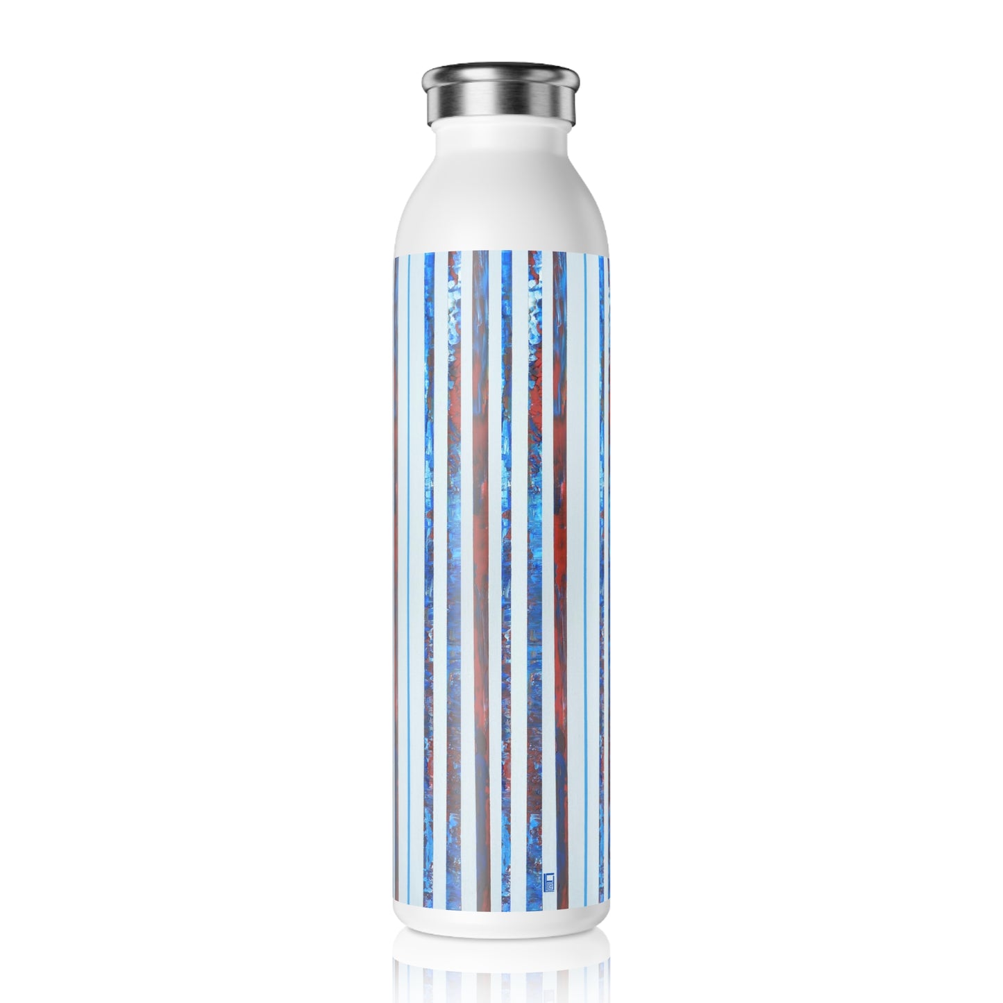 Slim Water Bottle - No. 140 'Thin Blue Line' - By Irish Artist Fiona de Lacy - Blue, Silver, Red, White