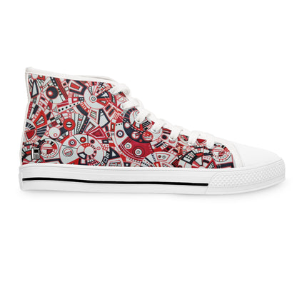 Women's High Top Sneakers - No. 276 - Geometric Abstract, Red, White & Black -  By Irish Artist Fiona de Lacy