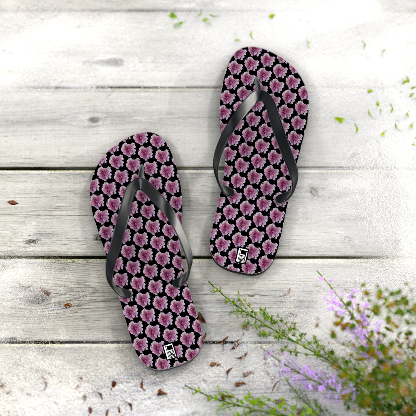 Flip Flops - No. 269 - Purple Pink Flower on Black - By Irish Artist Fiona de Lacy