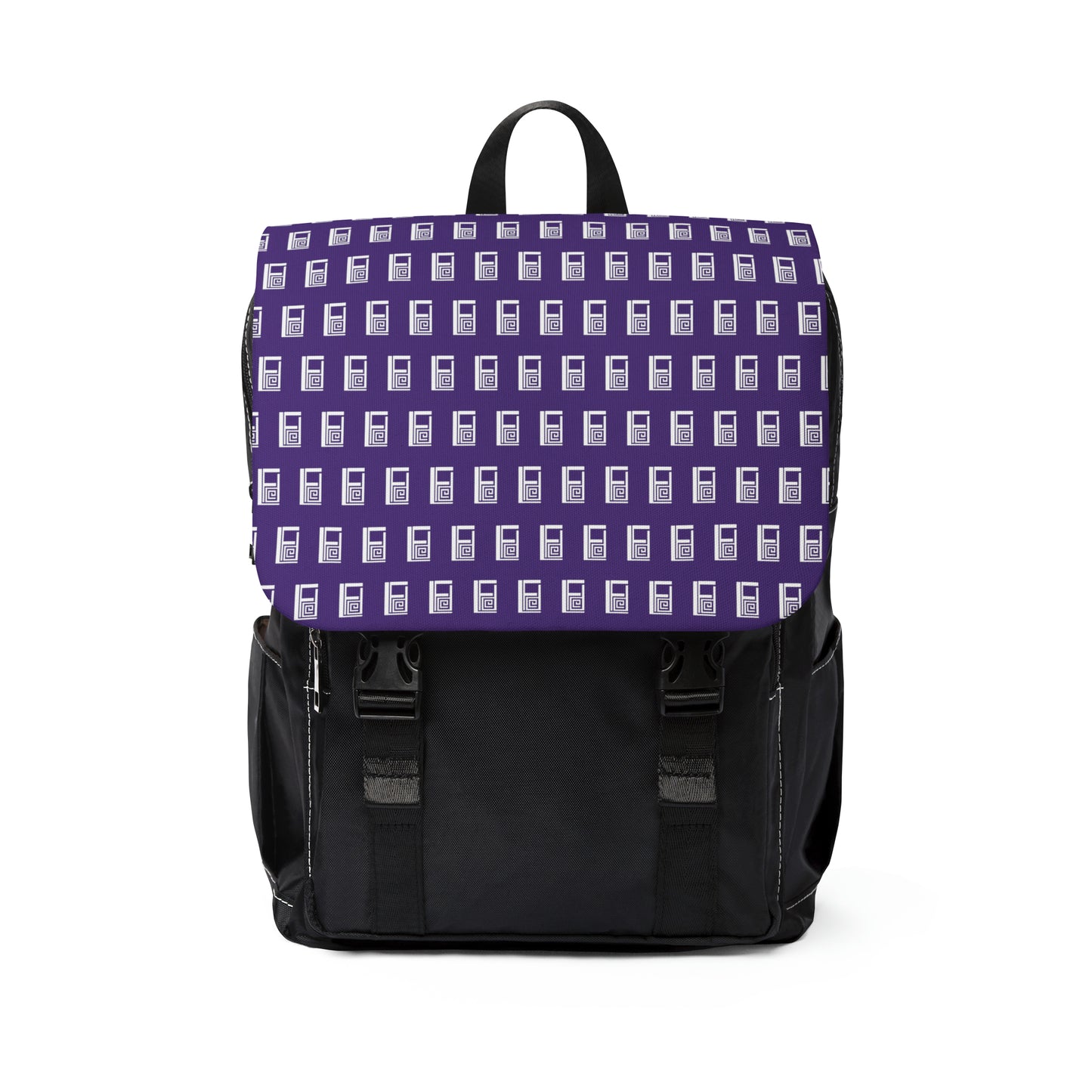 Casual Shoulder Backpack,  No. 000 - Artists Logo on Purple -  By Irish Artist Fiona de Lacy