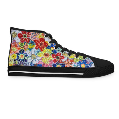 Women's High Top Sneakers, No. 241 Multicoloured flowers on Pink Base - By Irish Artist Fiona de Lacy