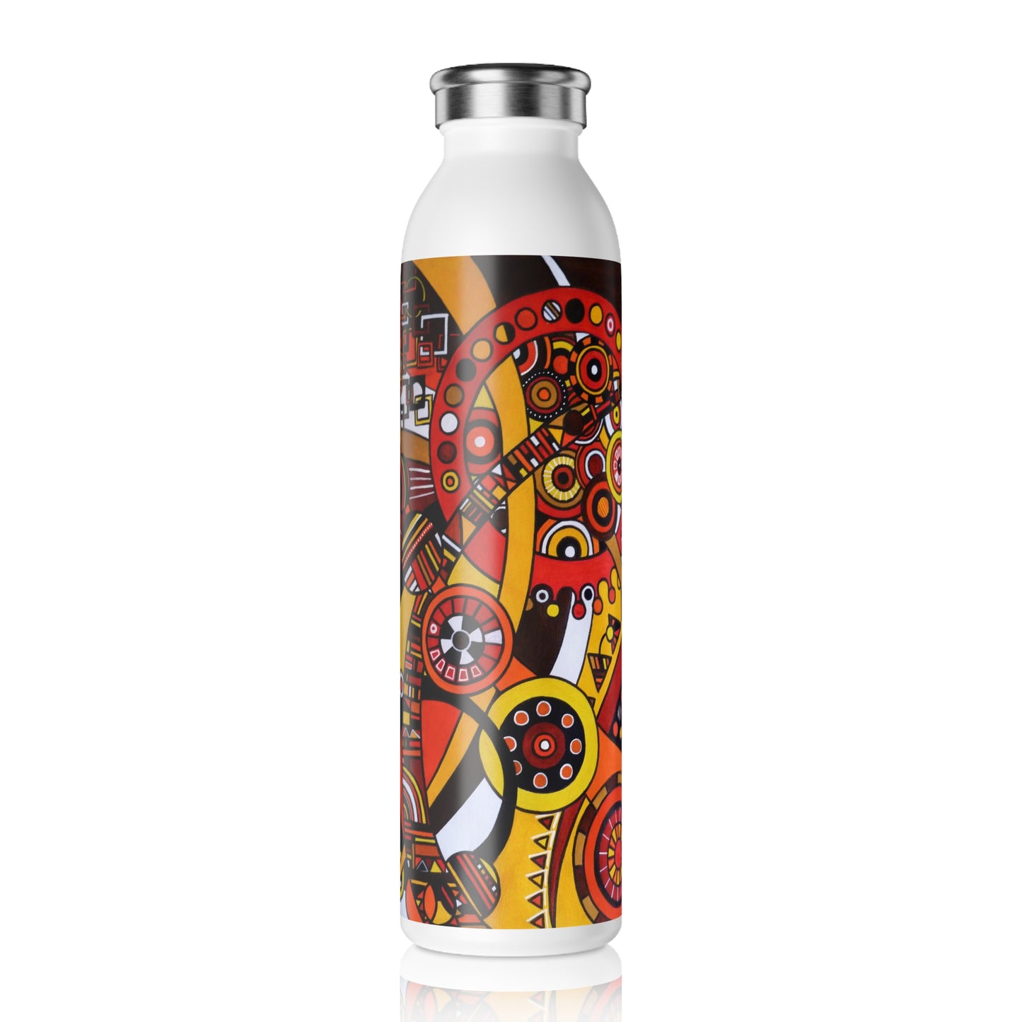 Slim Water Bottle - No. 222 'Clockworks' - By Irish Artist Fiona de Lacy - Brown, Red, Orange, Yellow, Black, White