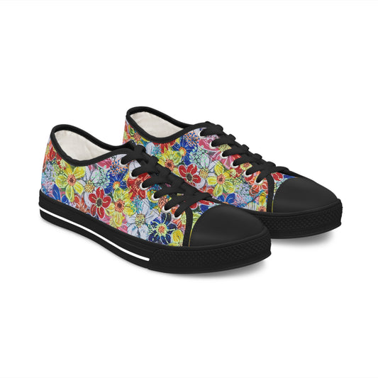 Women's Low Top Sneakers, black sole  - No. 241 - Flowers on Pink - By Irish Artist Fiona de Lacy