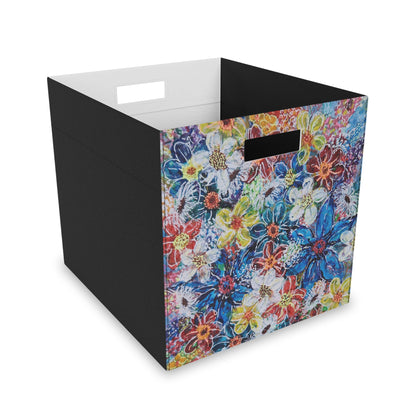 Felt Storage Box - No. 242 - Multicoloured Flowers on Blue - By Irish Artist Fiona de Lacy - Yellow, Red, Orange, Purple, Blue, White