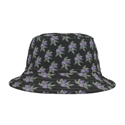 Bucket Hat  - No. 270 - Two Purple Drop Flowers on Black - By Irish Artist Fiona de Lacy