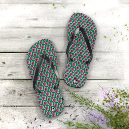 Flip Flops - No. 269 - Purple Pink Flower on Green - By Irish Artist Fiona de Lacy